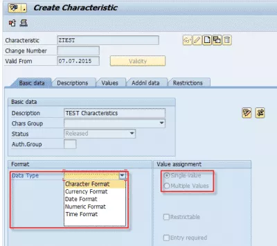 Classification Create new Characteristic